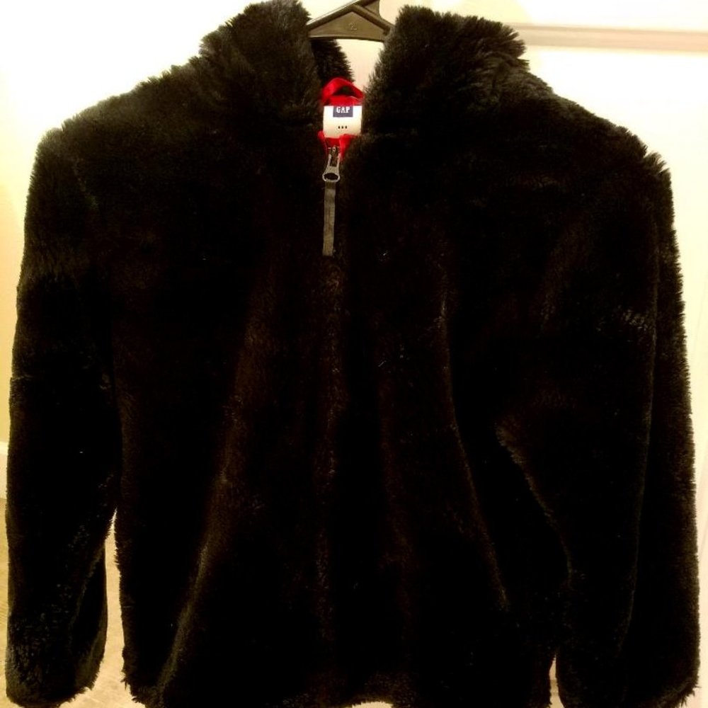 Girls Black GAP Hooded Faux Fur Jacket